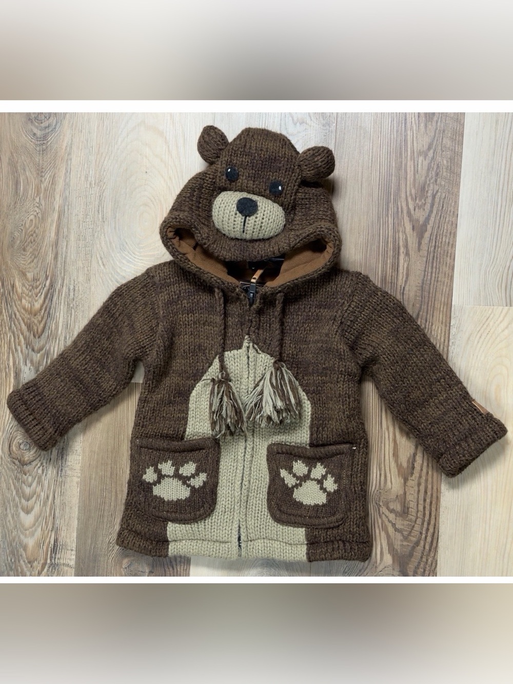 Kyber Outerwear Kids Wool Bear Hooded Sweater Jacket Size M Brown Fleece Lined